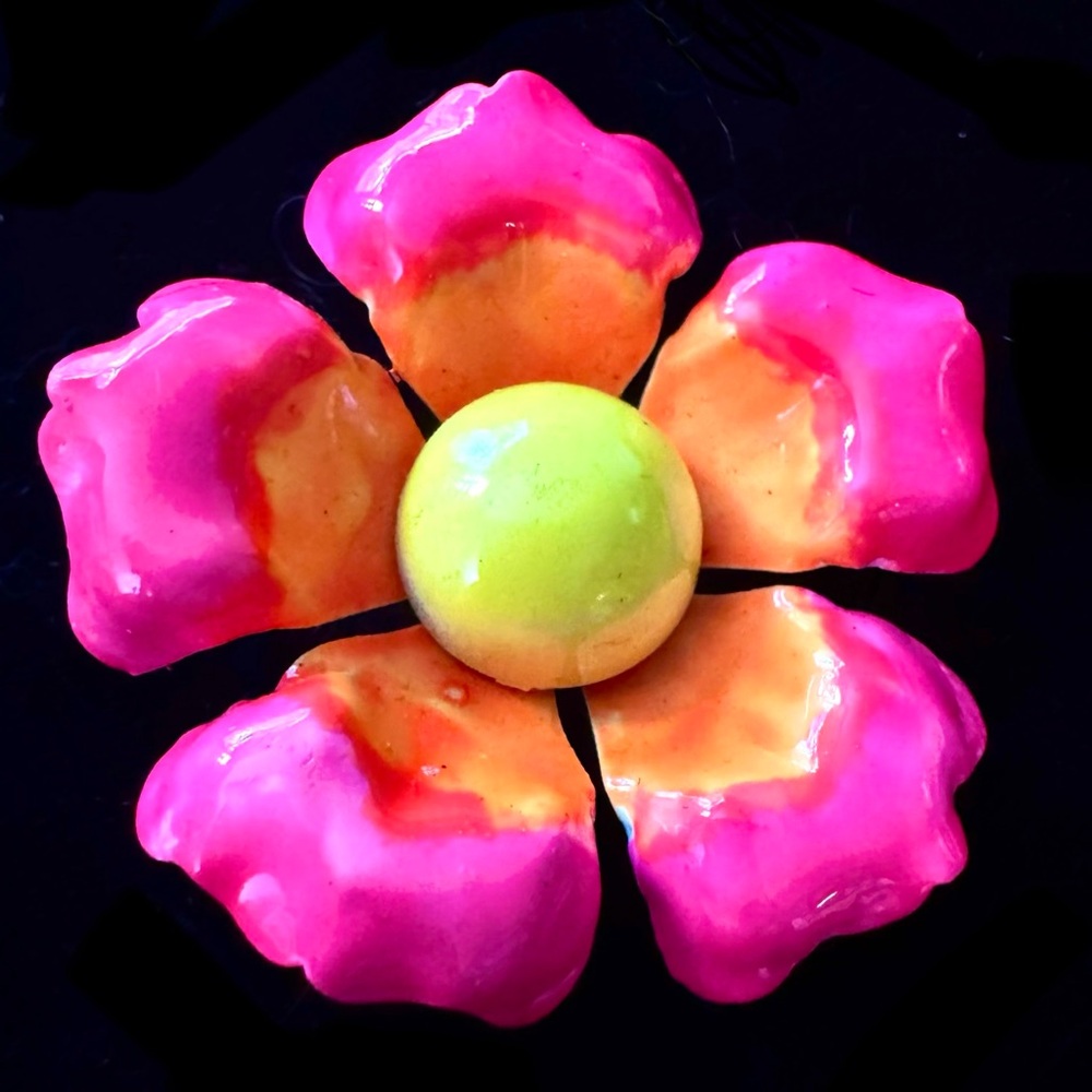Vintage 1960s Enamel Flower Brooch Fluorescent Pink Orange Yellow 2” MCM Mod